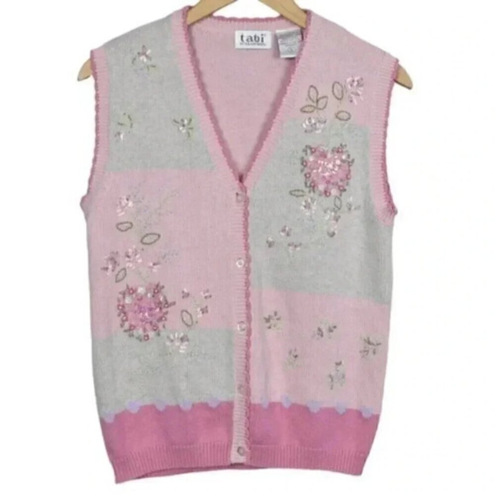 Vintage Tabi Pink Sweater Vest Floral Grannycore Embellished Embroidered Small